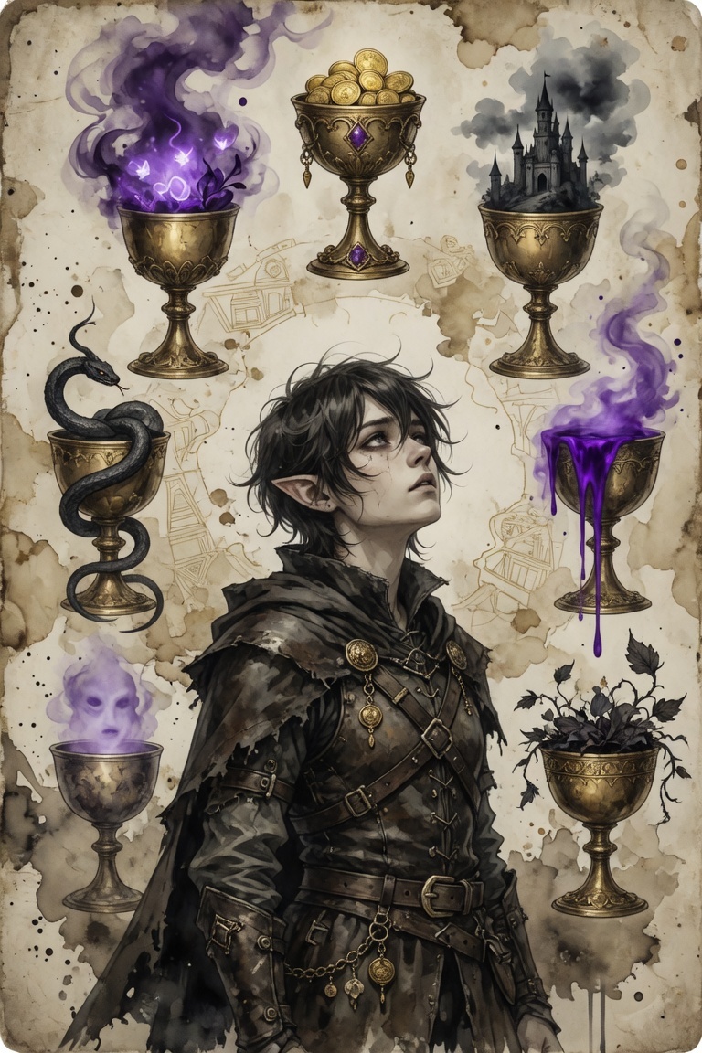 The Seven of Cups tarot card from the Dungeons and Dragons deck: seven cups each holding a different glittering prize, the tarot card of endless shiny options, overwhelm and illusion, none of it real yet