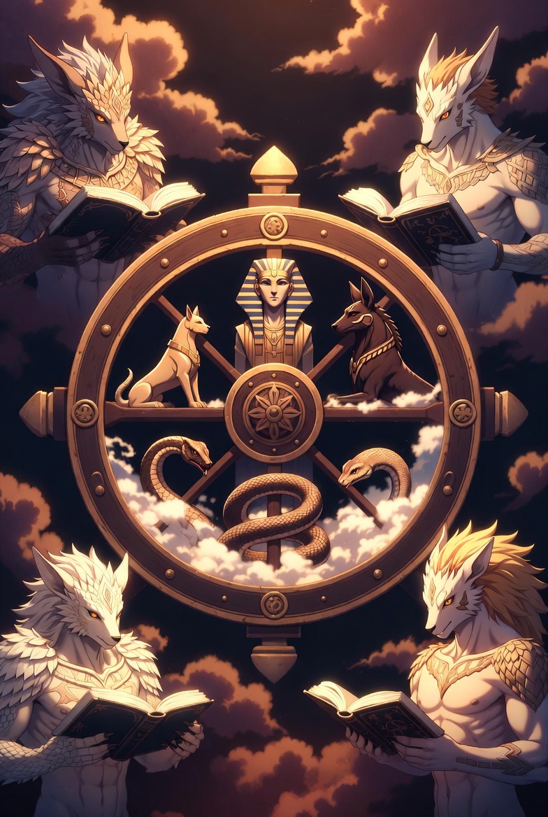 The Wheel of Fortune tarot card: a great wheel turning with figures rising and falling, the tarot card of chance itself, which no card can call in advance