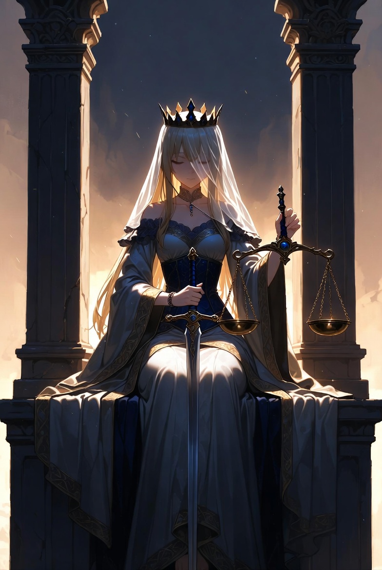 The Justice tarot card: a veiled, crowned figure seated between pillars holding level scales in one hand and an upright sword in the other, the tarot card of honest weighing, presiding over the question of how accurate tarot really is