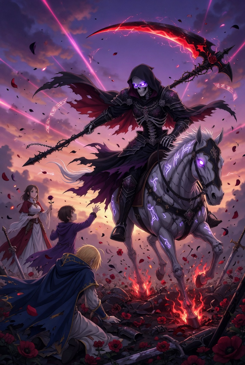 The Death tarot card: an armoured rider on a pale horse carrying a banner, the card assigned to Scorpio, transformation rather than doom