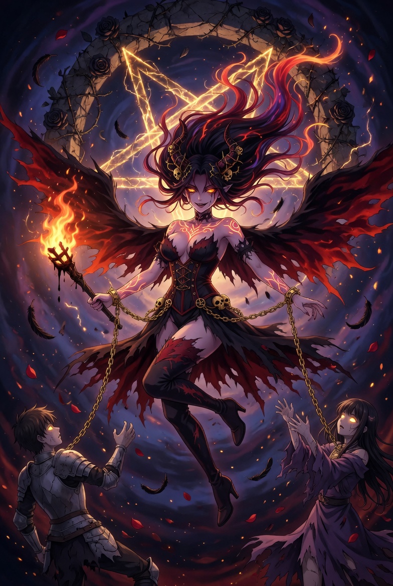 The Devil tarot card: a horned figure enthroned above two chained human figures, the chains hanging loose enough to lift over their heads, the tarot card of bondage you could walk out of