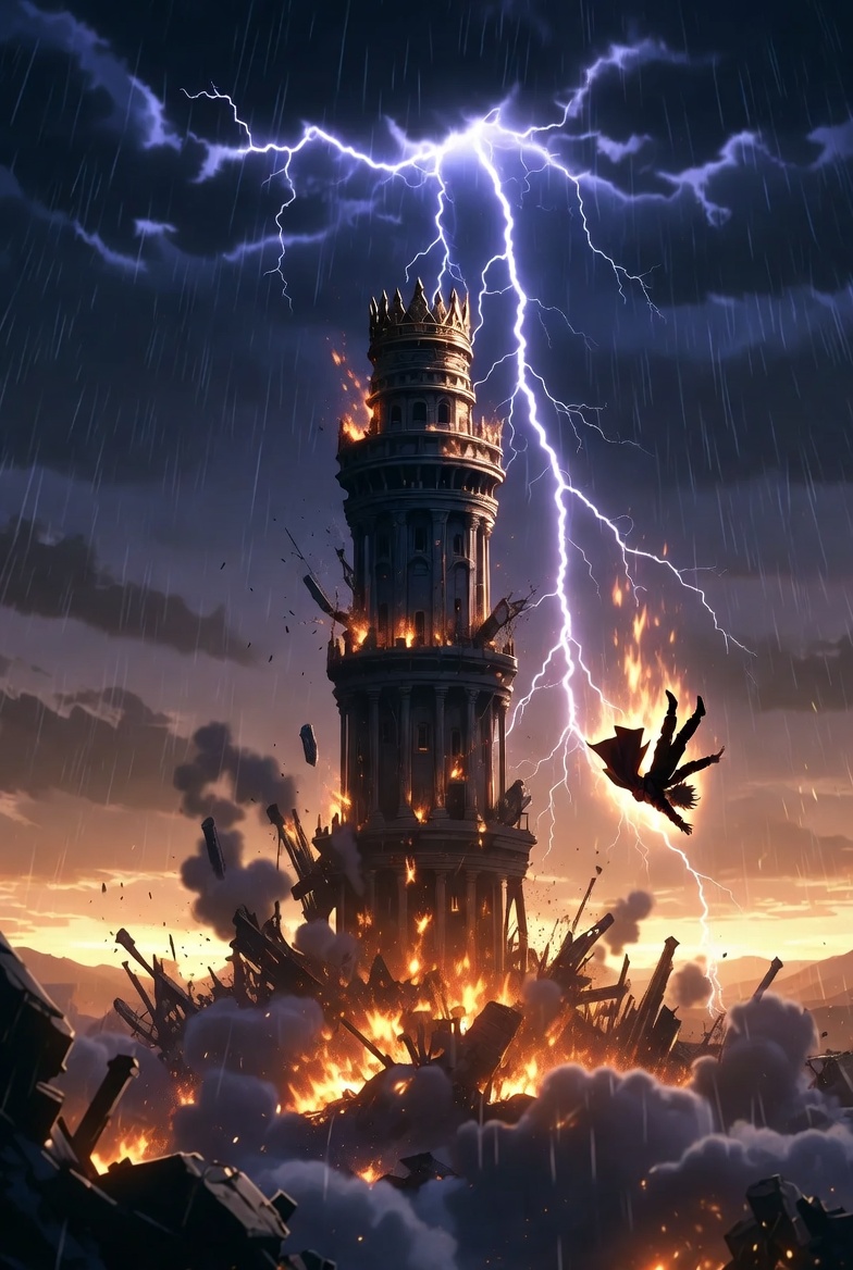 The Tower tarot card: a lightning-struck tower with figures falling from it, the card of sudden collapse, shown here as half of the most feared tarot combination, Death and the Tower together