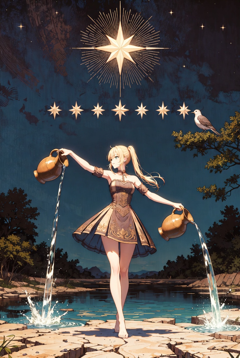 The Star tarot card: a figure pouring water at a calm pool under an open night sky of stars, the card directly before the Moon, hope that makes the dark crossable