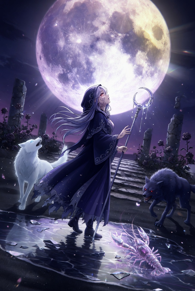 The Moon tarot card: a full moon over a half-lit path with two creatures howling and something surfacing from the water, the tarot card of uncertainty and the mind after dark