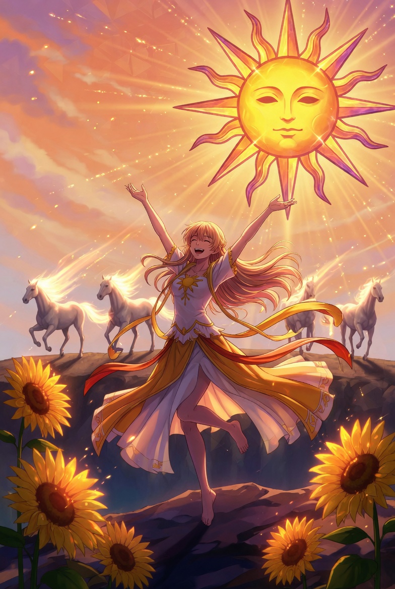 The Sun tarot card: a radiant sun with a face over a joyful sunlit scene, the card directly after the Moon, the same landscape shown at its true size in daylight