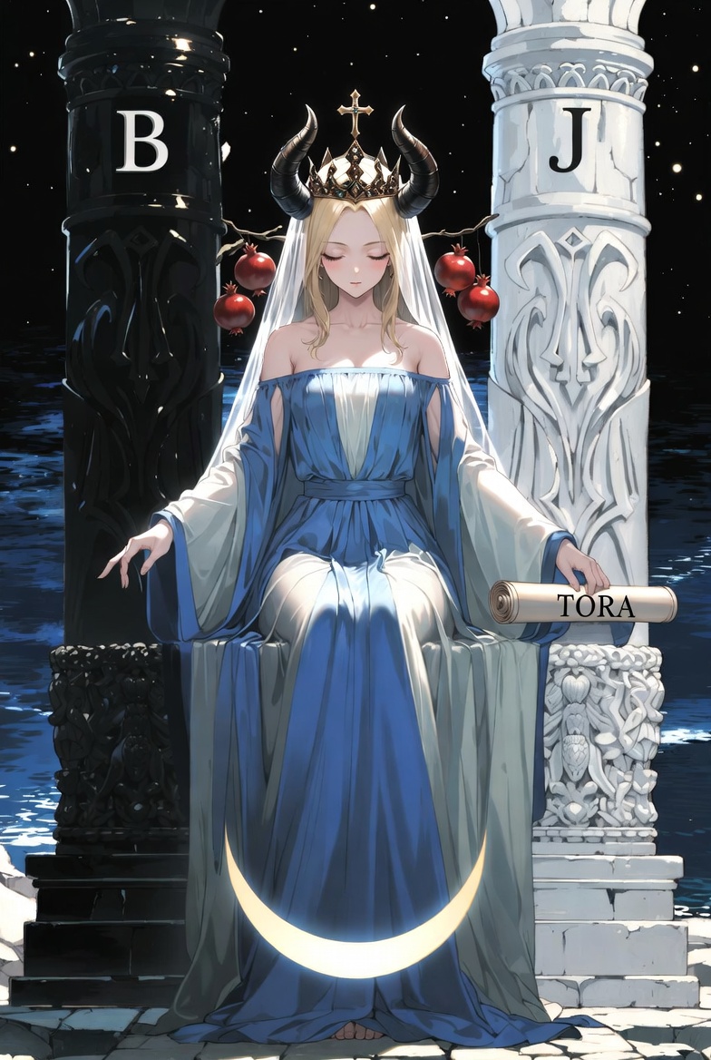 The High Priestess tarot card: a veiled figure between two pillars, the deck's card of inner knowing, partner and counterweight to the Magician in tarot's original combination