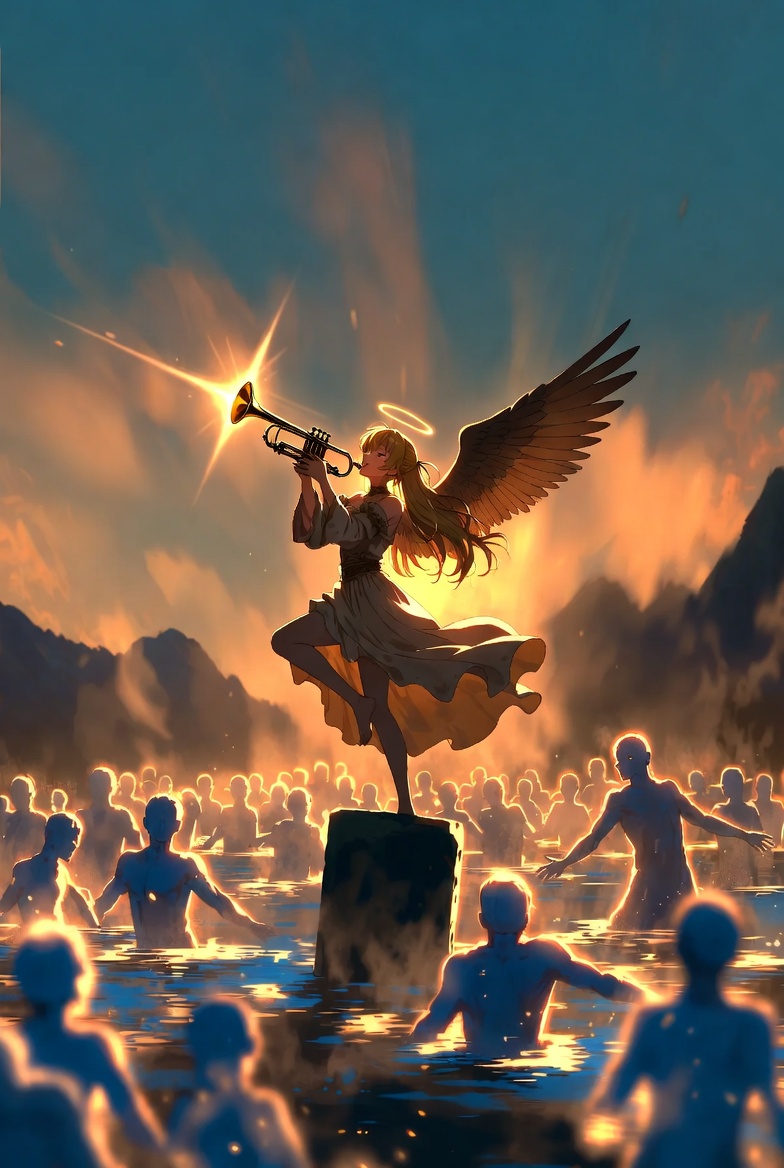 The Judgement tarot card: an angel's call and figures rising to answer it, standing for a generation using old cards for a new and measurably reflective purpose