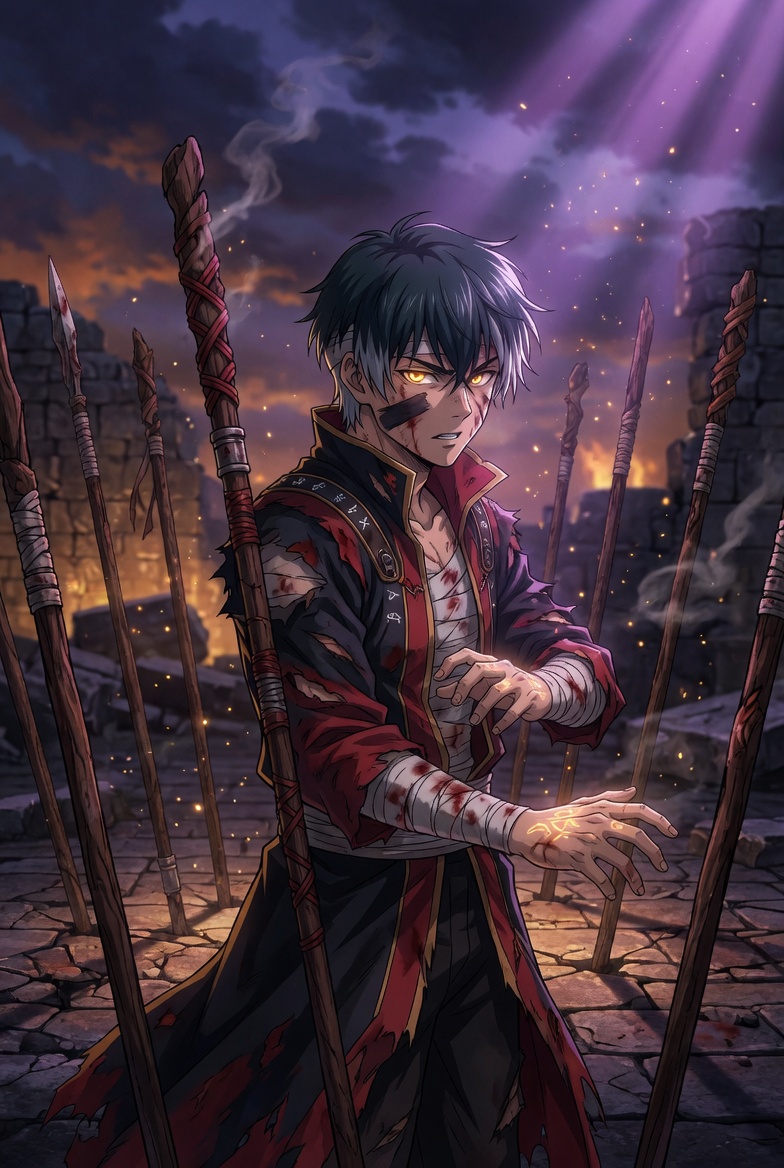 The Nine of Wands tarot card: a figure standing guard among planted wands, bandaged but upright, tagline one more time, you have it, the tarot card of the thing that keeps coming back