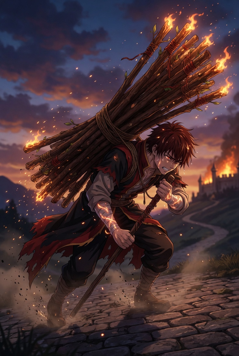 The Ten of Wands tarot card: a bent figure carrying ten bundled wands, face hidden behind the load, the tarot image of burnout that disguises itself as a wrong job