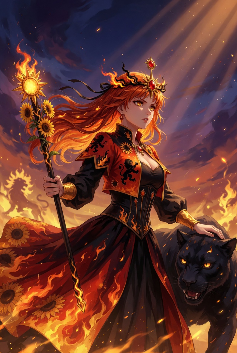 The Queen of Wands tarot card: a confident crowned figure on a throne with a sunflower and a black cat, tagline she burns without apology, one of the sixteen tarot court cards this guide finally explains