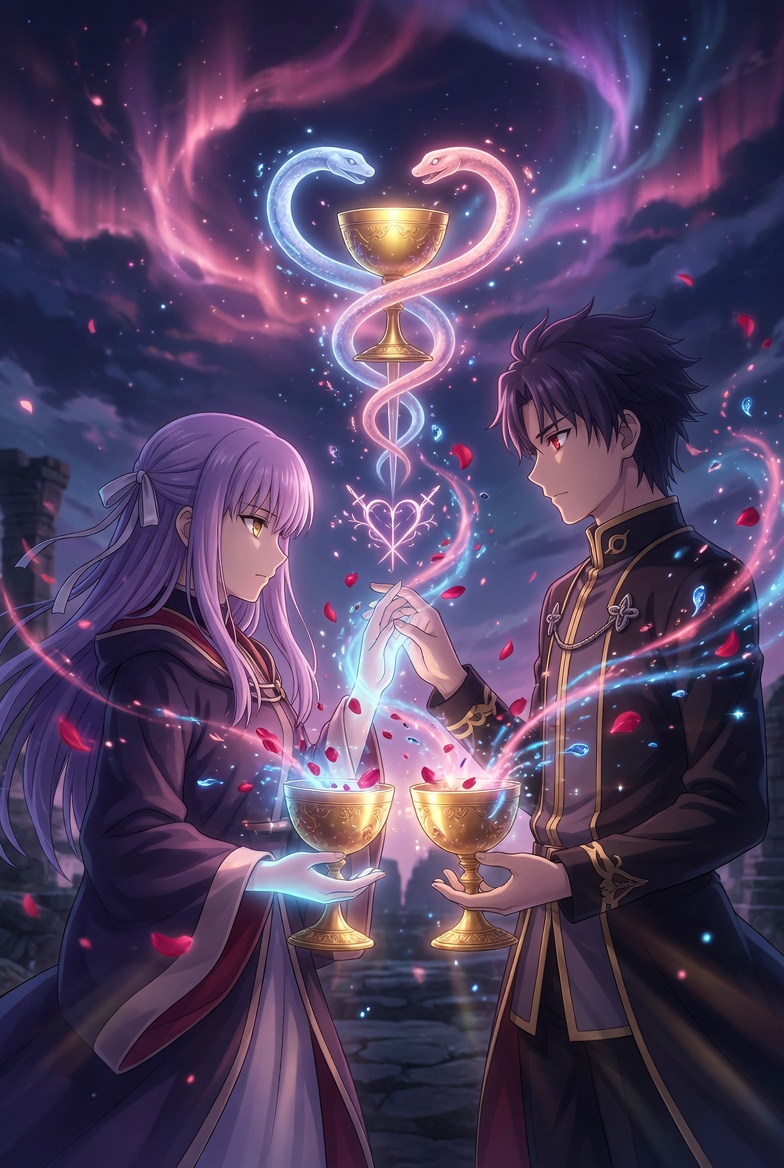 The Two of Cups tarot card: two figures meeting over raised cups in mutual exchange, the tarot image of partnership as two whole people sharing one current rather than two halves finding each other