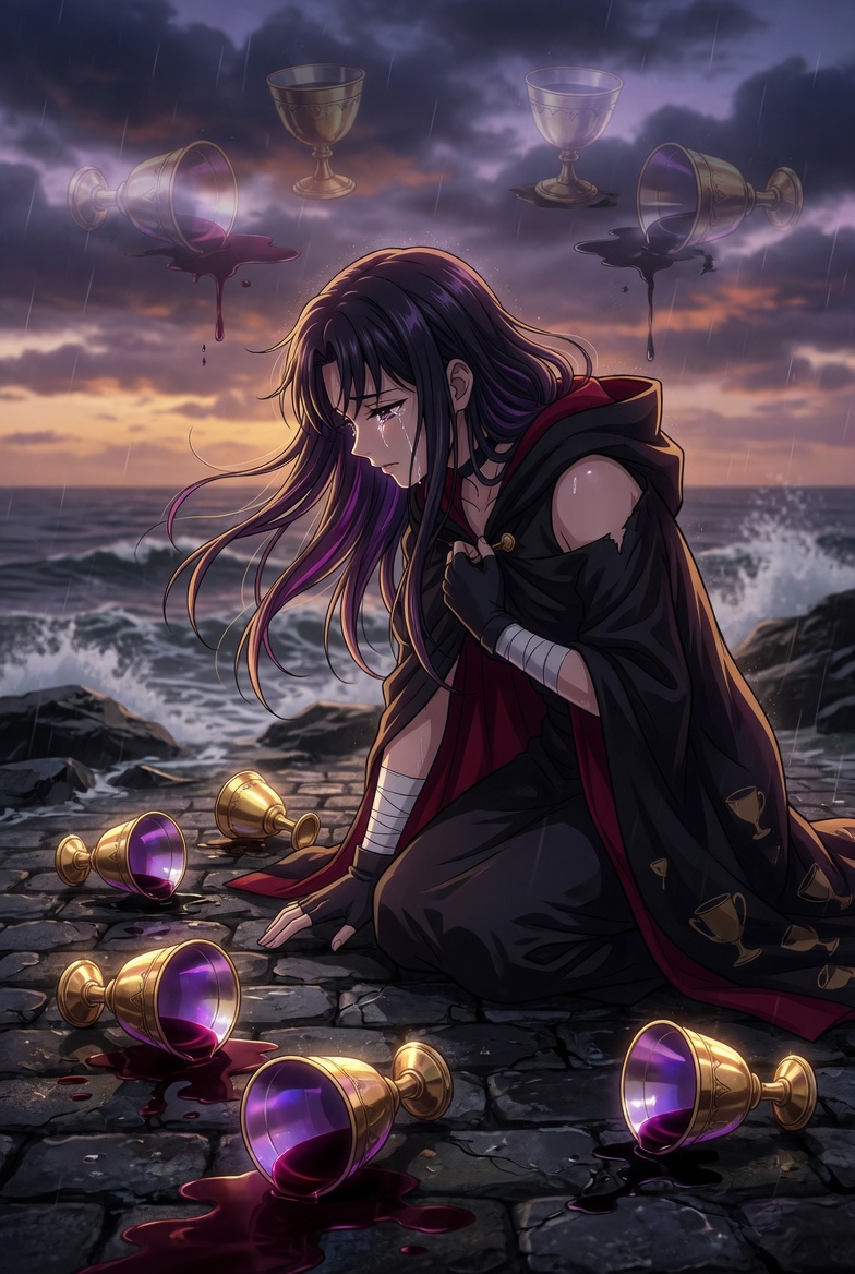 The Five of Cups tarot card: a cloaked figure grieving over spilled cups while the full ones stand unseen behind them, the tarot card of the loss you keep looking at and the portion you haven't turned round to claim