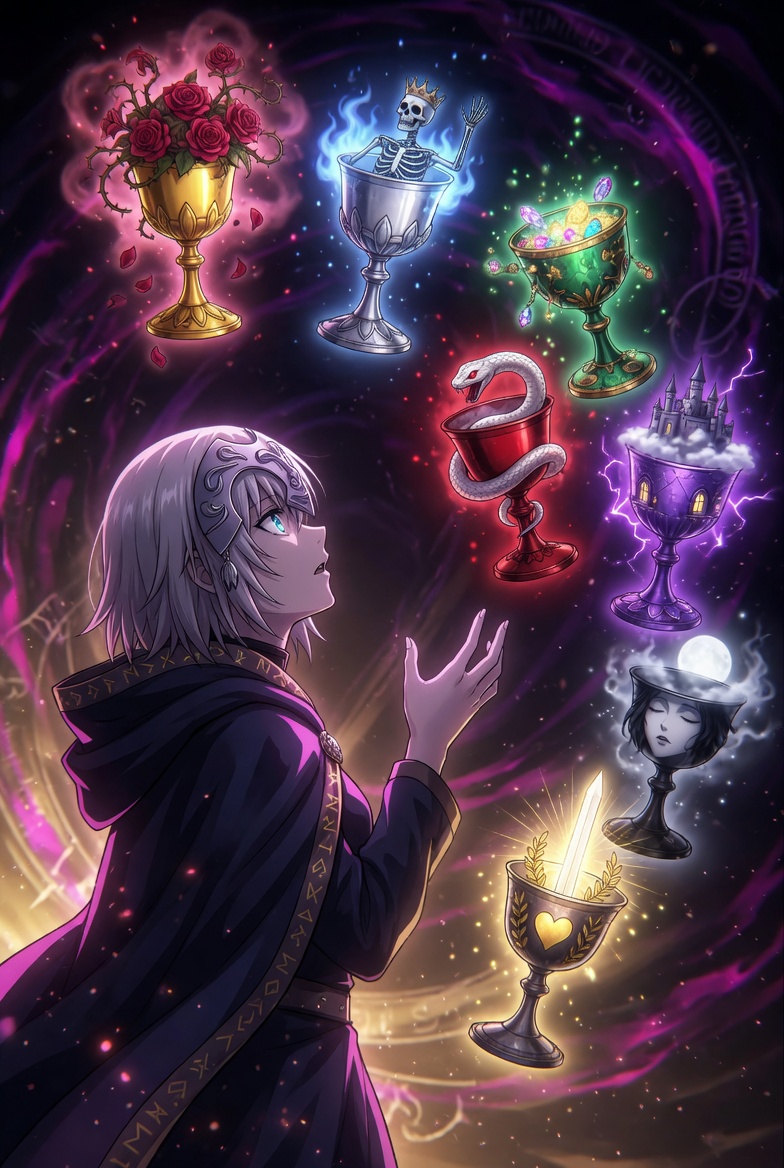 The Seven of Cups tarot card: a figure gazing at seven floating cups filled with different prizes, the tarot image of imagined futures and the seventeen versions of him you've built from three text messages