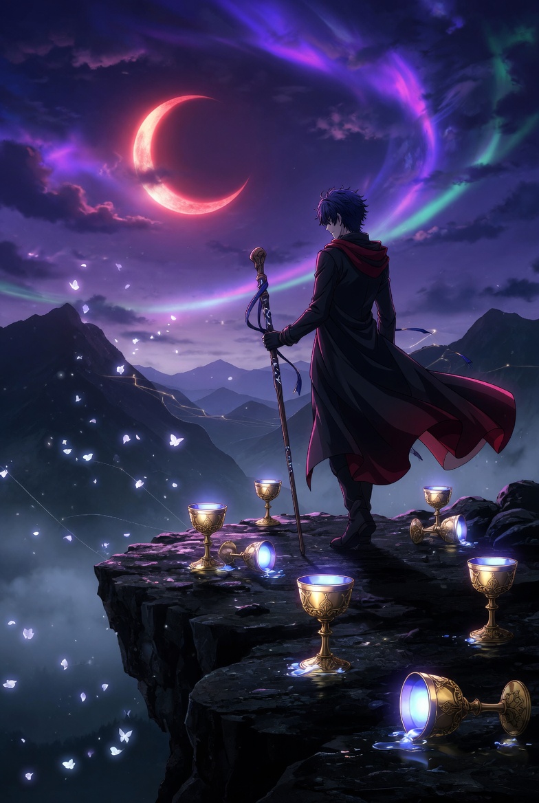The Eight of Cups tarot card: a figure walking away from eight neatly stacked cups toward mountains under a crescent moon, the tarot image of leaving work well, without fireworks
