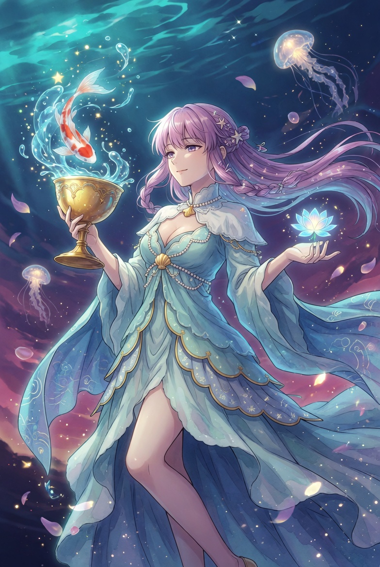 The Princess of Cups tarot card, tagline she listens to what the water says: the student of feeling, shown here for the question of whether a court card is you, someone else, or an energy