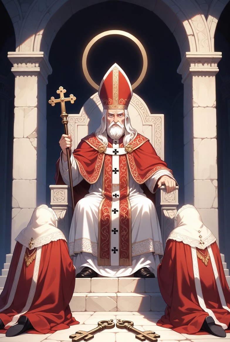 The Hierophant tarot card: a robed religious teacher seated between two pillars with two initiates kneeling below, the tarot card of faith, tradition and sacred teaching, a fitting doorway into the question of whether tarot is evil