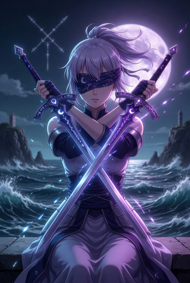 The Two of Swords tarot card: a blindfolded figure holding two crossed swords before still water, the tarot image of the career decision being postponed, where not choosing is itself a choice