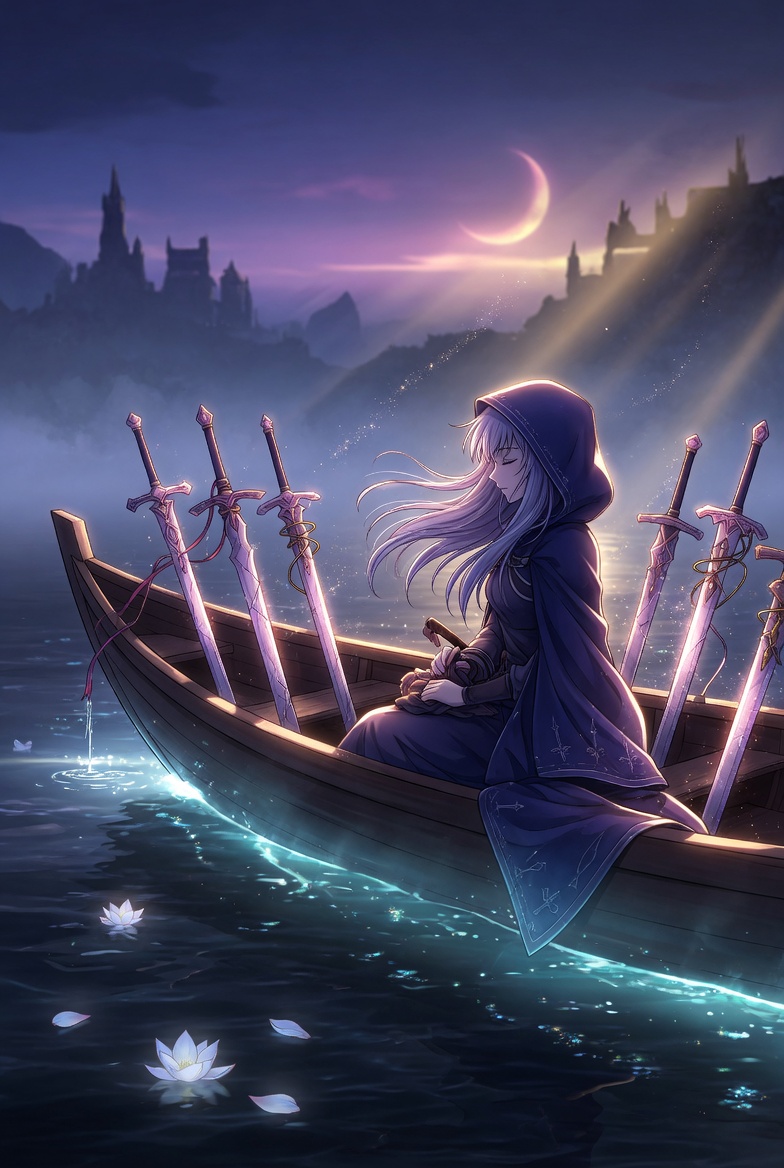 The Six of Swords tarot card: a ferryman poling a small boat with six swords standing upright in the prow, moving from choppy water into calm, the tarot image of a quiet crossing out of a loud day and into sleep