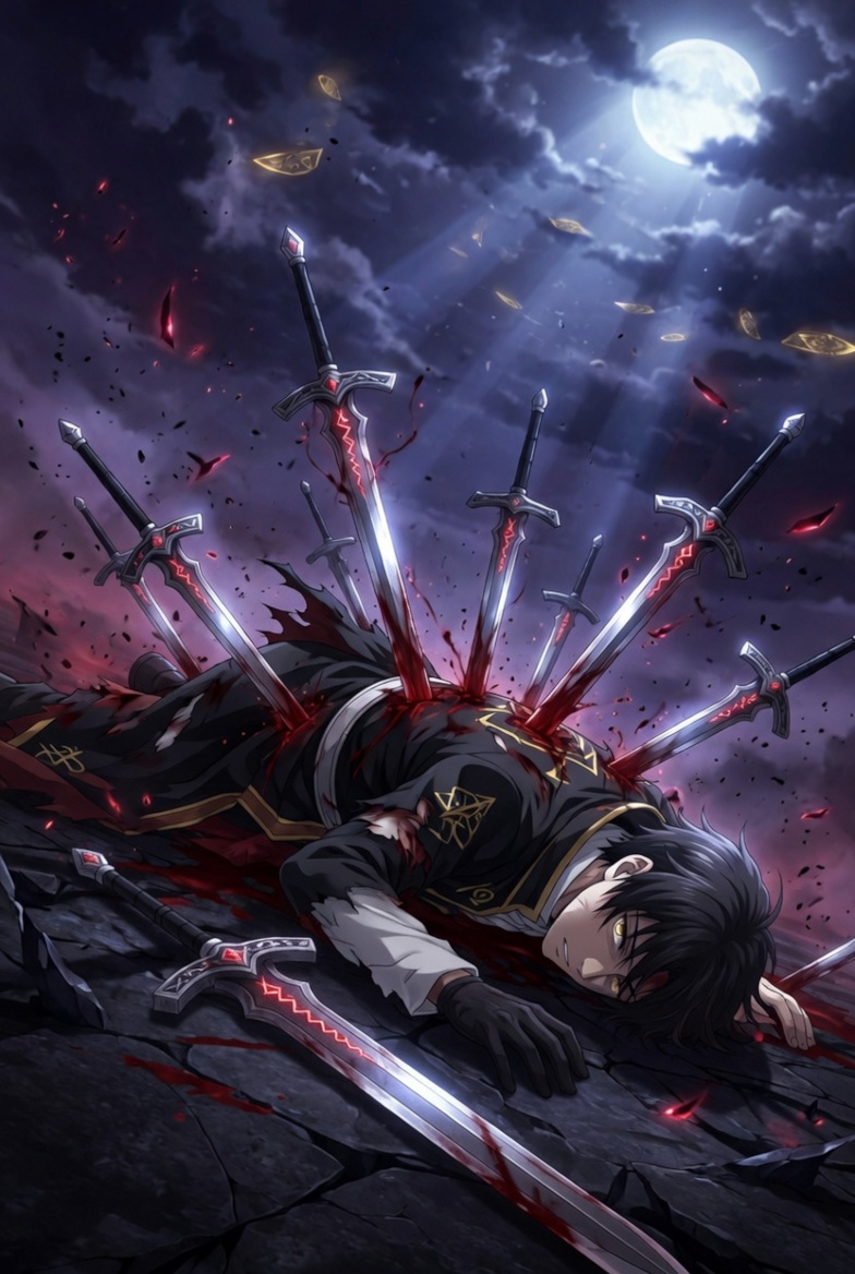 The Ten of Swords tarot card, tagline it is over, the sun is rising: the deck's theatrical worst case, shown beside Death to make the contrast, Death is calm where the Ten is drama
