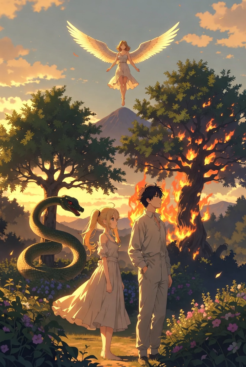 The Lovers tarot card: two figures beneath a presiding angel in open landscape, the card the Devil deliberately parodies, the same bond before it was stripped of choice