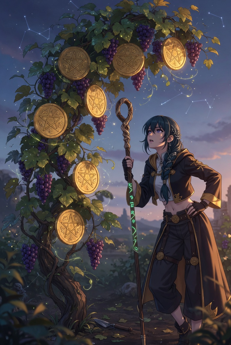 The Seven of Pentacles tarot card: a figure leaning on their hoe, pausing to assess seven pentacles growing on a vine, the tarot image of standing back from your work and judging the harvest honestly
