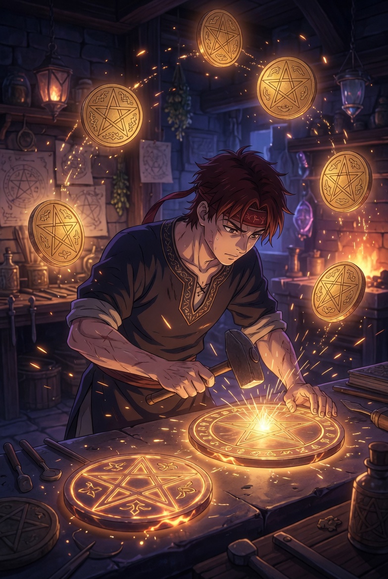 The Eight of Pentacles tarot card: a craftsperson repeating the same work at a bench, the tarot image of repetition, standing here for the very unrandom habits of human hands shuffling cardboard