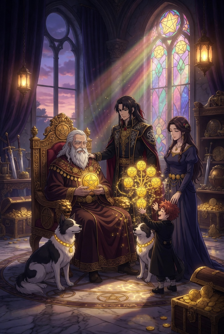 The Ten of Pentacles tarot card: three generations gathered with the ten coins arranged as a glowing tree between them, the completed count of the Minor Arcana, enough passed forward