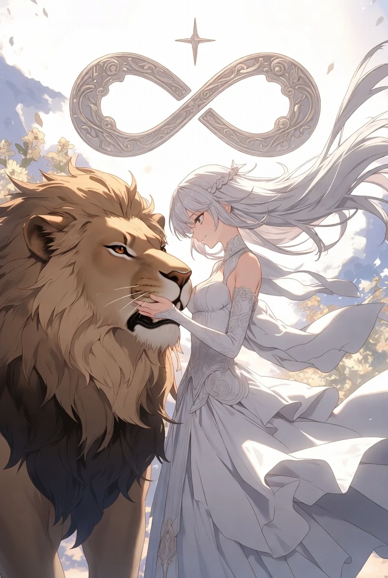The Strength tarot card: a figure gently closing a lion's mouth with bare hands, the card assigned to Leo, power that doesn't need to roar