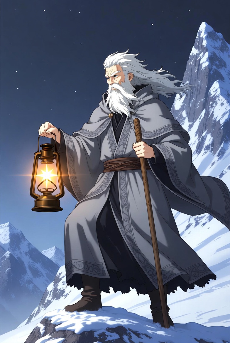 The Hermit tarot card: a robed elder holding up a lantern on a snowy mountain, card nine, the interior light the Moon's half-lit crossing runs on