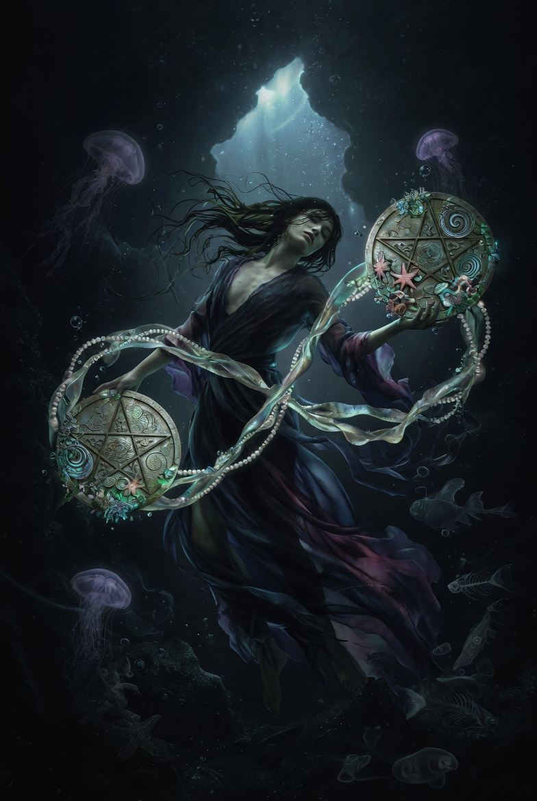 Two of Pentacles tarot card from the Ocean Depths deck: a woman underwater in flowing robes, balancing two coral-crusted pentacle coins joined by a looping ribbon of pearls, with jellyfish drifting around her and light breaking through the surface above, the classic tarot image of juggling priorities and keeping balance in a busy life